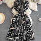 Beach vacation long dress gentle style short sleeves V-neck waist medium length A-line plaid dress R0358