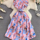 Gentle style stand-up collar, slim waist, printed A-line long swing dress 2025 high waist elegant long skirt R0359