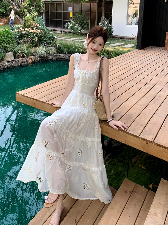 Fairy waist skirt travel photo shoot long skirt exposed waist suspender dress R1763