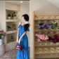 French blue floral suspender dress for women summer vacation fairy off-shoulder long dress R4375