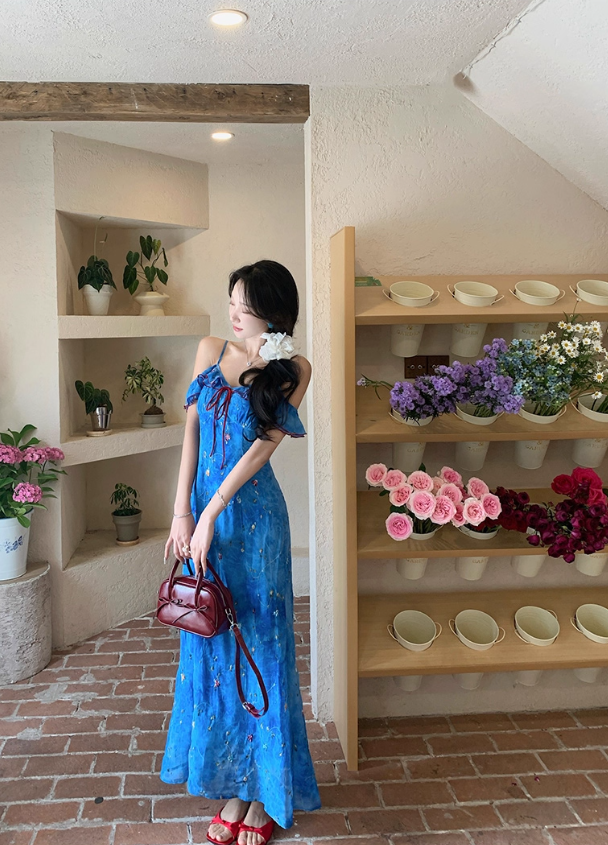 French blue floral suspender dress for women summer vacation fairy off-shoulder long dress R4375