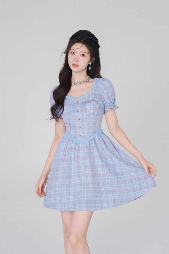 Plaid dress puff sleeves high waist short skirt new style high-end square neck A-line skirt R4496