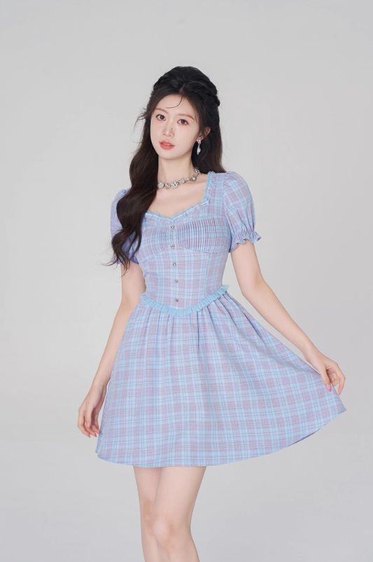 Plaid dress puff sleeves high waist short skirt new style high-end square neck A-line skirt R4496