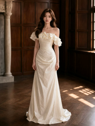 Gentle Bateau Corset Prom Gown , White Women's Maxi Evening Dress Ball Gown RS2607
