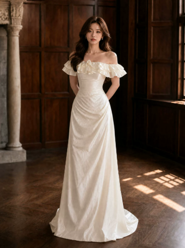 Gentle Bateau Corset Prom Gown , White Women's Maxi Evening Dress Ball Gown RS2607