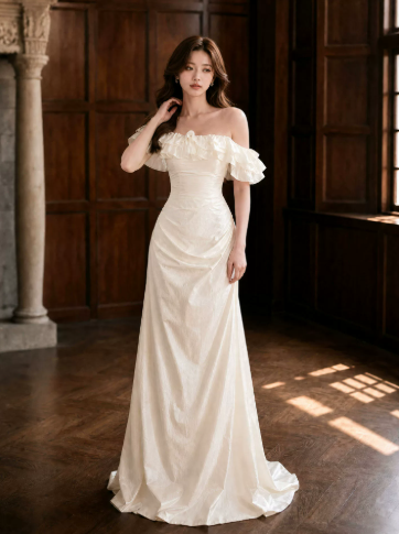 Gentle Bateau Corset Prom Gown , White Women's Maxi Evening Dress Ball Gown RS2607