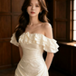 Gentle Bateau Corset Prom Gown , White Women's Maxi Evening Dress Ball Gown RS2607