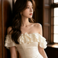 Gentle Bateau Corset Prom Gown , White Women's Maxi Evening Dress Ball Gown RS2607