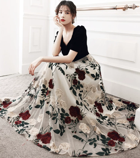 Charming Patchwork Prom Dress for Women,A-Line Square-neck Floral Pattern Maxi Evening Dress RS1032