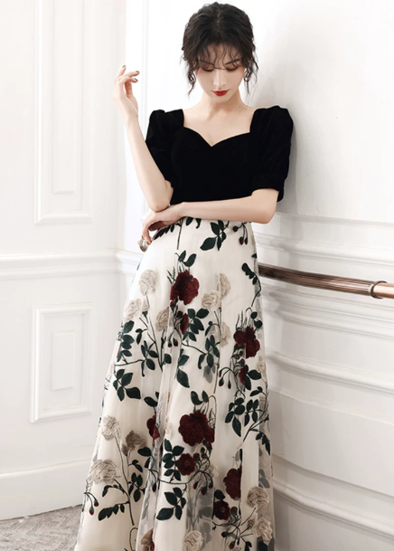 Charming Patchwork Prom Dress for Women,A-Line Square-neck Floral Pattern Maxi Evening Dress RS1032