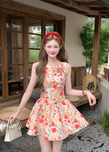 Printed waist suspender dress French retro skirt R4947