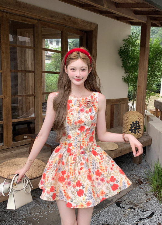 Printed waist suspender dress French retro skirt R4947