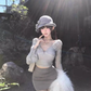 Pure desire hot girl V-neck lace bottoming top 2025 irregular hip skirt suit R1149
