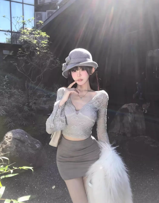 Pure desire hot girl V-neck lace bottoming top 2025 irregular hip skirt suit R1149