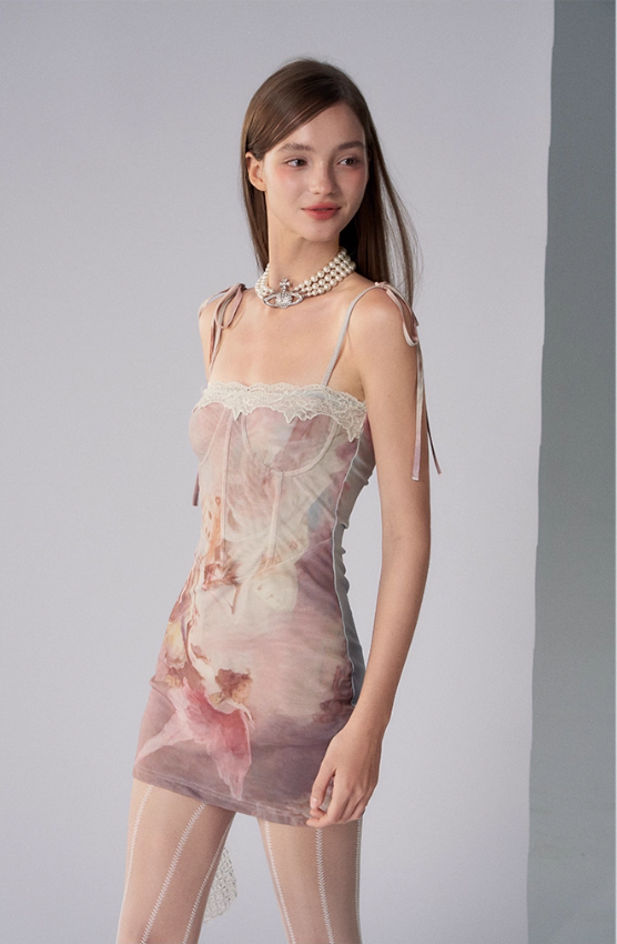 Lace fishbone print dress summer lace patchwork waist bag hip skirt R3334