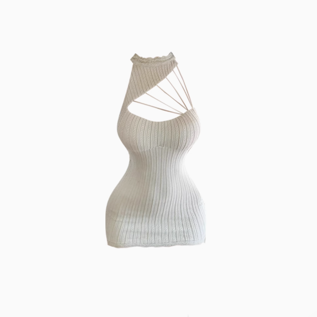 Pure desire hot girl sleeveless halter neck knitted dress 2025 hollow hip bottoming skirt R1023