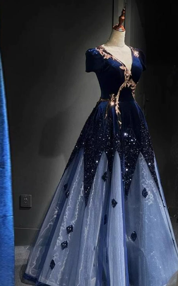 Gorgeous Navy Sequins Prom Dress for Women,A-Line V-neck Embroidery Maxi Evening Dress RS1033