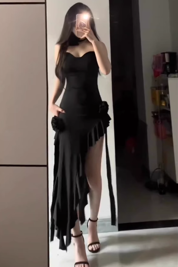 French pure desire ruffled suspender dress plus size sexy hot girl irregular slit hip skirt R1839