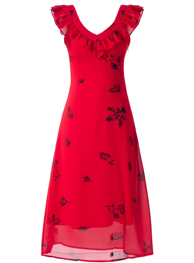 2025 Summer New Red Floral Pleated V-Neck Sleeveless Long Holiday Dress R0955