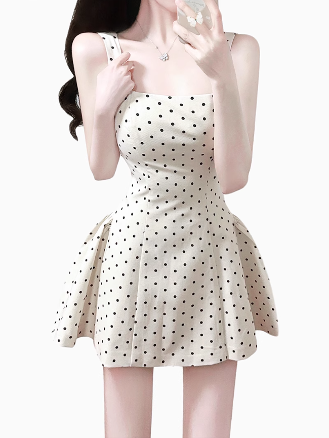 2025 Summer New Apricot Polka Dot Waist Square Neck A-line Short Suspender Dress R0907