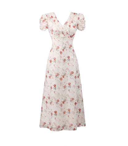 Begonia floral V-neck dress new French gentle puff sleeve temperament design long dress R0117
