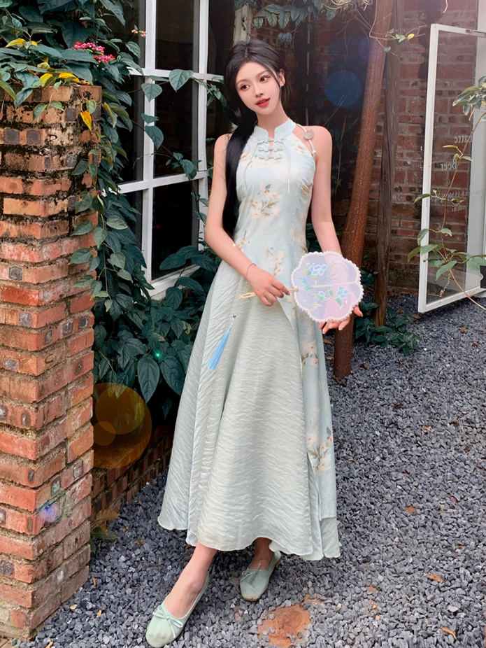 Fairy New Chinese Retro Temperament Splicing Printed Long Skirt Sleeveless Halter Neck Dress R1711