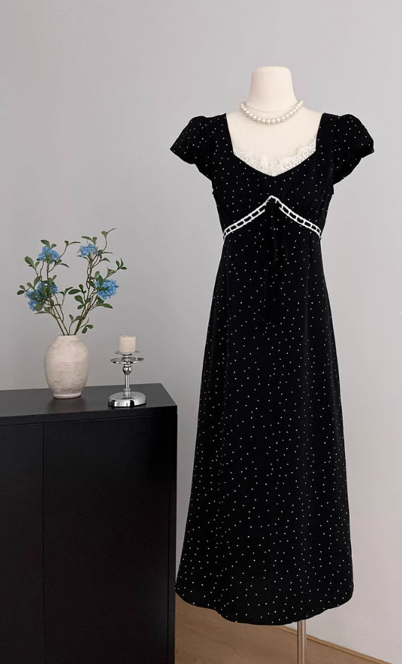 Neckline lace polka dot long skirt French style waist slimming skirt R2048