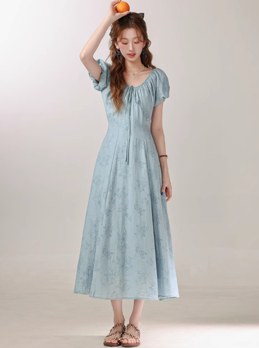 French style high-end blue floral dress summer new waist long dress R1919
