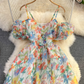 Beach vacation floral suspender skirt fashionable waist slim backless a-line printed chiffon dress R0331