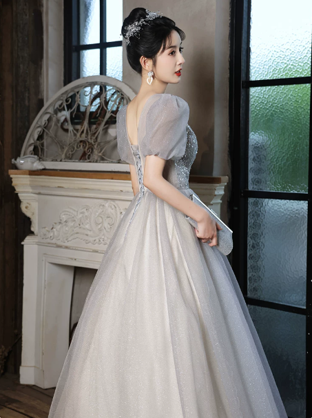 Glitter Sliver Sequins Prom Dress for Women,A-Line V-neck Puff Sleeves Maxi Evening Dress RS1036