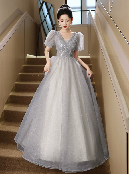Glitter Sliver Sequins Prom Dress for Women,A-Line V-neck Puff Sleeves Maxi Evening Dress RS1036