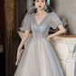 Glitter Sliver Sequins Prom Dress for Women,A-Line V-neck Puff Sleeves Maxi Evening Dress RS1036