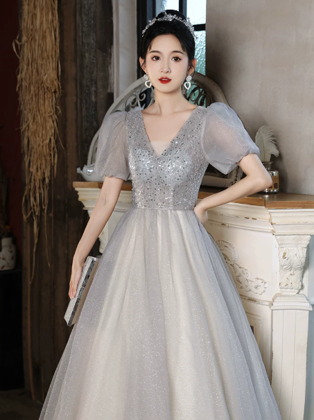 Glitter Sliver Sequins Prom Dress for Women,A-Line V-neck Puff Sleeves Maxi Evening Dress RS1036