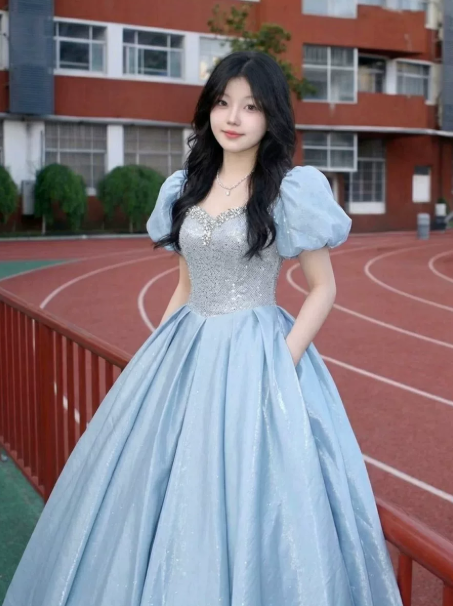Glitter Pale Blue Beaded Prom Dress for Women,A-Line Sweetheart Puff Sleeves Maxi Evening Dress RS1037