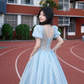 Glitter Pale Blue Beaded Prom Dress for Women,A-Line Sweetheart Puff Sleeves Maxi Evening Dress RS1037