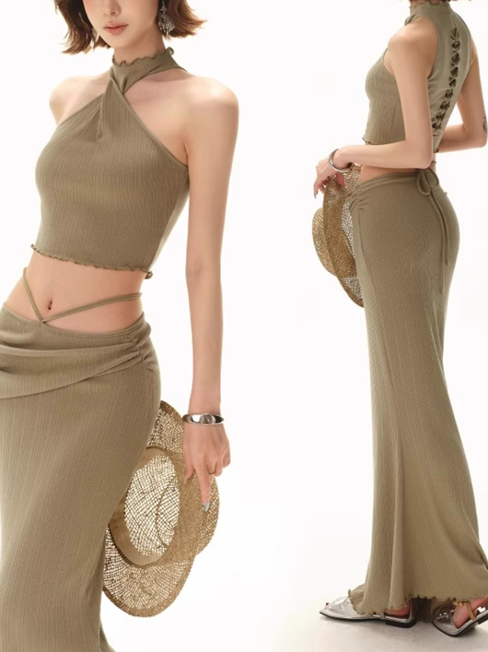 Sexy hot girl sleeveless twist halter neck top 2025 low waist hip long skirt suit R1391