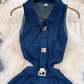 Retro lapel hollow exposed waist waist slimming sleeveless single-breasted A-line split denim dress R0375