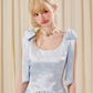 Blue embossed rose flower pleated waist bow dress R5249