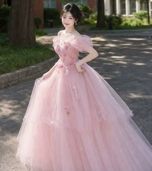 Sweet Blush Pink Prom Dress,A-Line Bateau Puff Sleeves Applique Maxi Quinceanera Dress RS1038