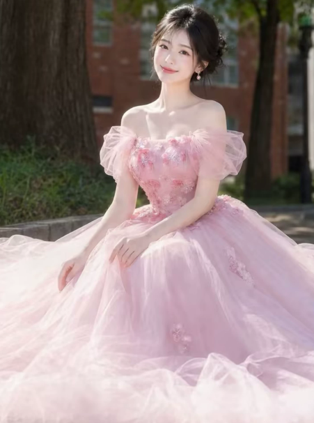 Sweet Blush Pink Prom Dress,A-Line Bateau Puff Sleeves Applique Maxi Quinceanera Dress RS1038