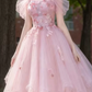 Sweet Blush Pink Prom Dress,A-Line Bateau Puff Sleeves Applique Maxi Quinceanera Dress RS1038