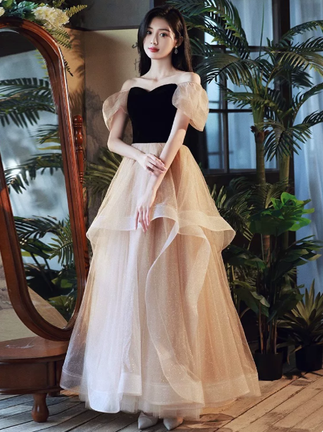 Glitter Contrast Prom Dress,A-Line Sweetheart Puff Sleeves Tulle Maxi Evening Dress RS1039