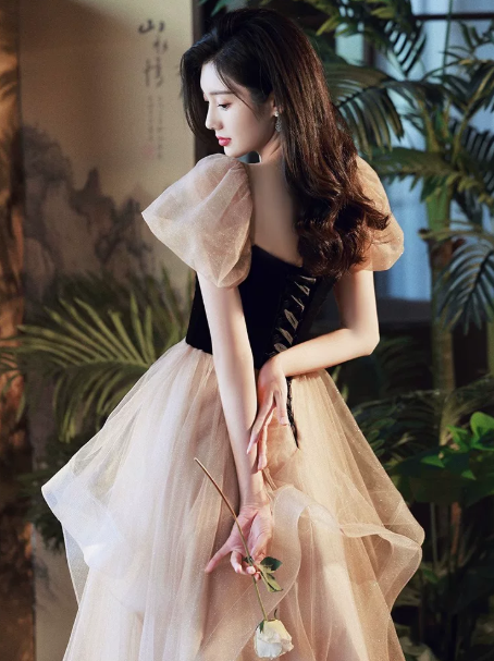 Glitter Contrast Prom Dress,A-Line Sweetheart Puff Sleeves Tulle Maxi Evening Dress RS1039