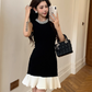 Black exquisite pearl elegant ruffled slim sleeveless Chanel dress R4075