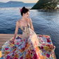 Beach long dress with flowers and floral pattern, high waist chiffon suspenders and large skirt R1628