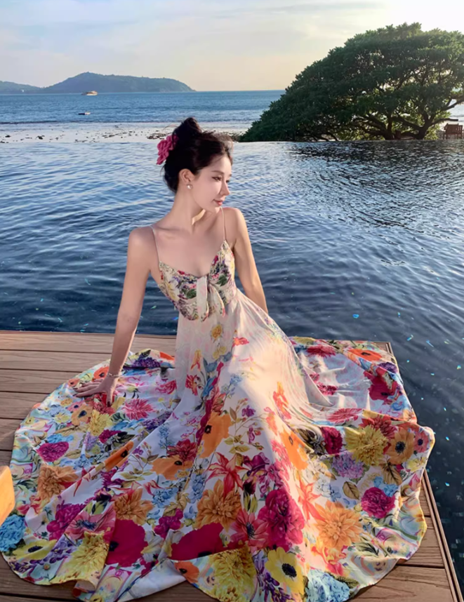 Beach long dress with flowers and floral pattern, high waist chiffon suspenders and large skirt R1628