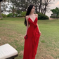 Beach photo shoot red sexy ruffled high slit halter back dress R1583
