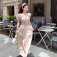 Long waist square neck printed suspender dress for women summer French temperament skirt R4745