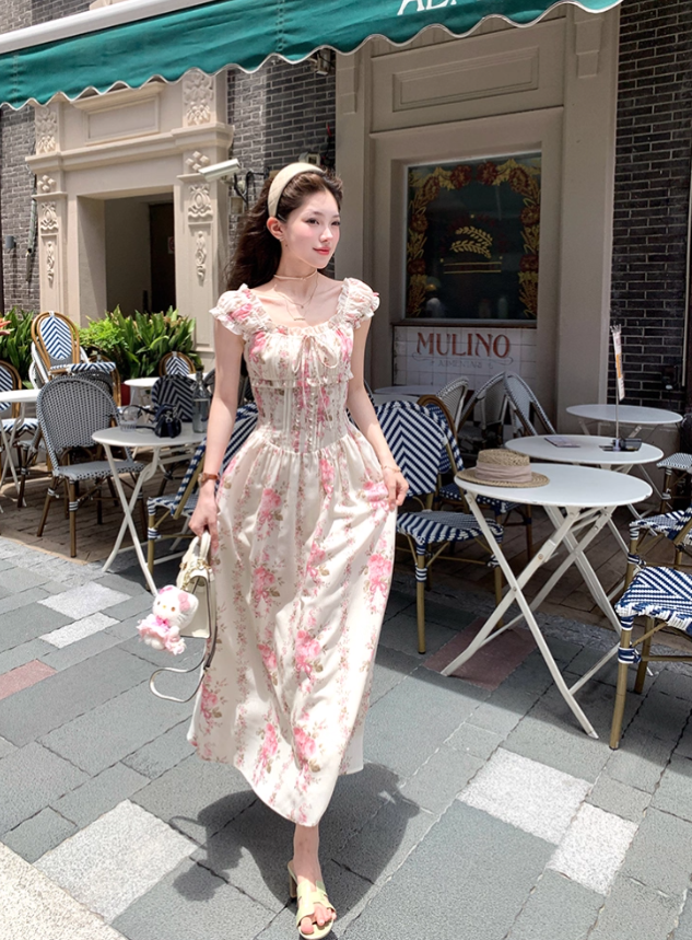 Long waist square neck printed suspender dress for women summer French temperament skirt R4745