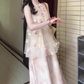 Pink buttoned mesh halter neck dress gentle temperament loose A-line long skirt R0751